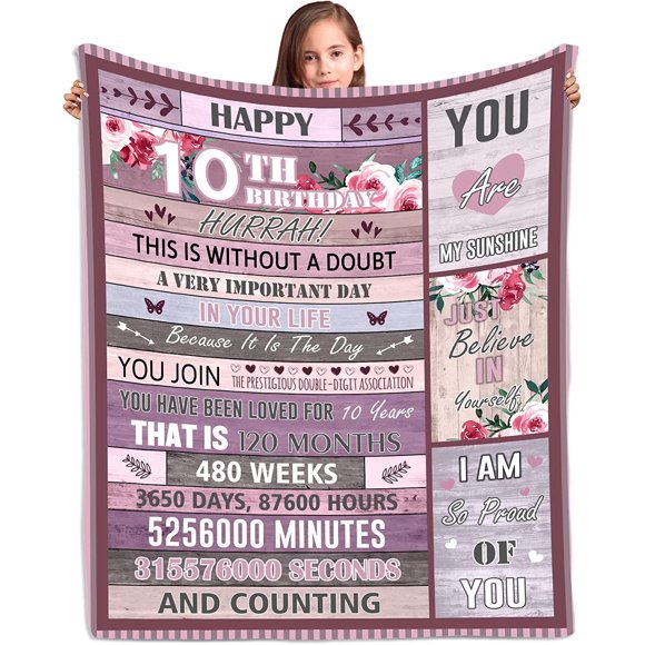 Basiole Cadeaux d'Anniversaire pour Filles de 10 Ans, Idées Cadeaux pour Filles de 10 Ans, Meilleurs Cadeaux pour Fille de 10 Ans, Cadeaux d'Anniversaire à Double Chiffres, Couvertures Décoratives pour 10 Ans 50"X60 Pouces