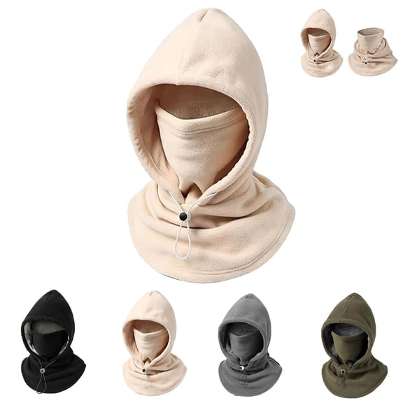 Double Layer Fleece Hooded Hat, 3-in-1 Winter Hat with Face and Neck Coverage for Outdoor Activities