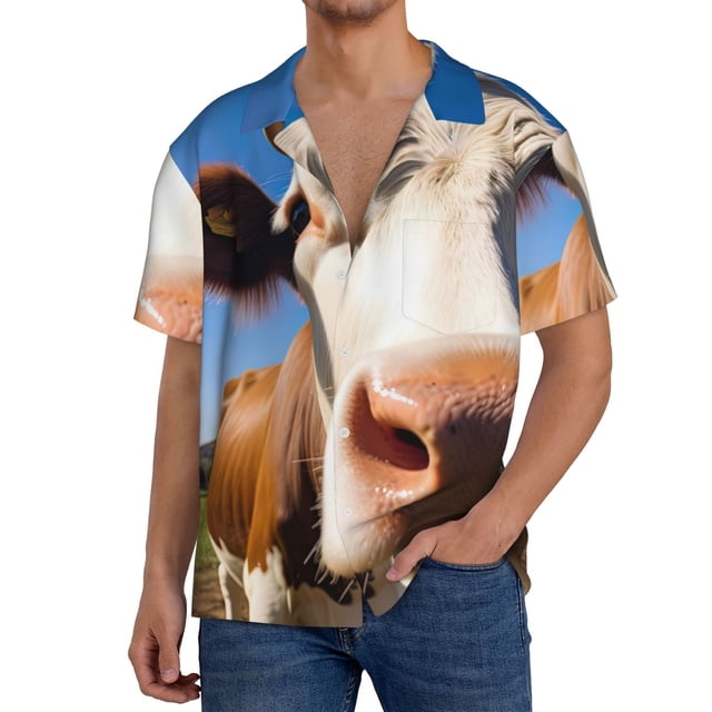 Fotbe Blue Sky Meadow Cute Cow Camisa Estampada de Manga Corta para Hombre, Casual de Verano, Estilo Playero, Sin Arrugas-Large