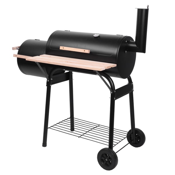 Oil Drum Charcoal Furnace, 12" Main & Side Smoker, 500-600°F High-Temp Paint, Portable with Wheels, Steel Construction