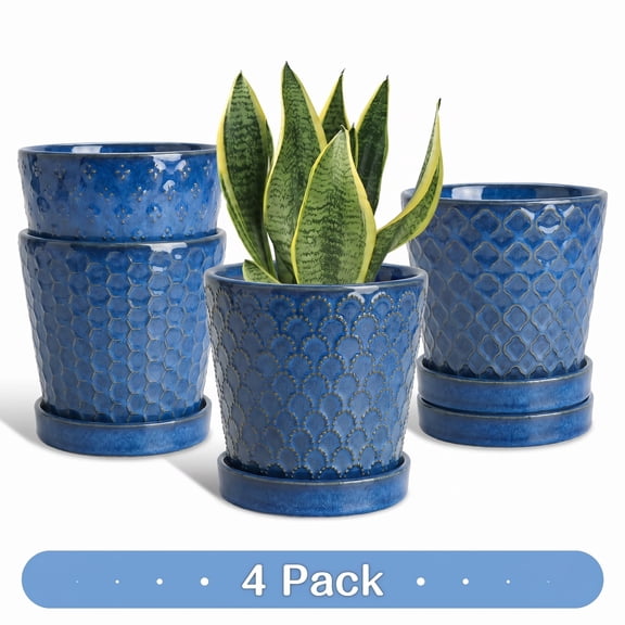 EFISPSS Ceramic Plant Pots with Trays, 5 inch - 4Pack, Blue