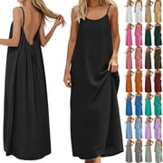 Kureaily Women's Spaghetti‑Strap Backless Maxi Dress, Scoop‑Neck Tie‑Back Loose‑Fit Flowy Linen‑Look Summer Beach Vacation Long Dress (Pink,XL)