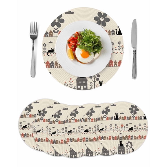 Japanese Style Round 15 Inch Placemats Set of 6, Vintage Cartoon Cat House Trees Flowers HeatResistant Non Slip Place Mats for Dining Table, Wipeable Braided Kitchen Table Mats for Housewarming