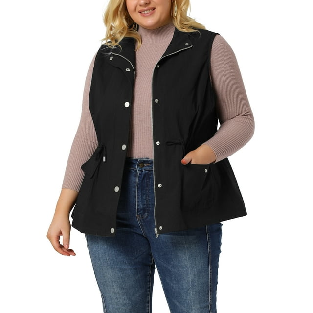 GRACE & GRANDEUR Veste Sans Manches à Taille Coulissante pour Femme Grande Taille avec Poches Cargo