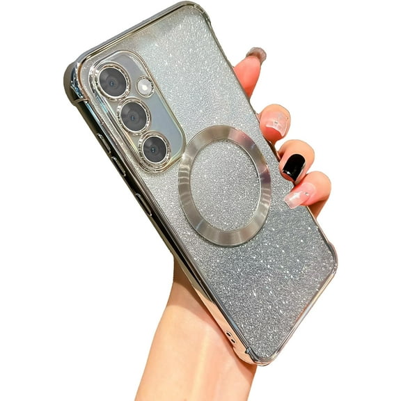 for Samsung Galaxy S23 FE Case Glitter Magnetic Compatible with MagSafe Full Camera Lens Protection Luxury Plating Cute Bling Clear Shockproof Slim Phone Case for Women Girls (Silver)
