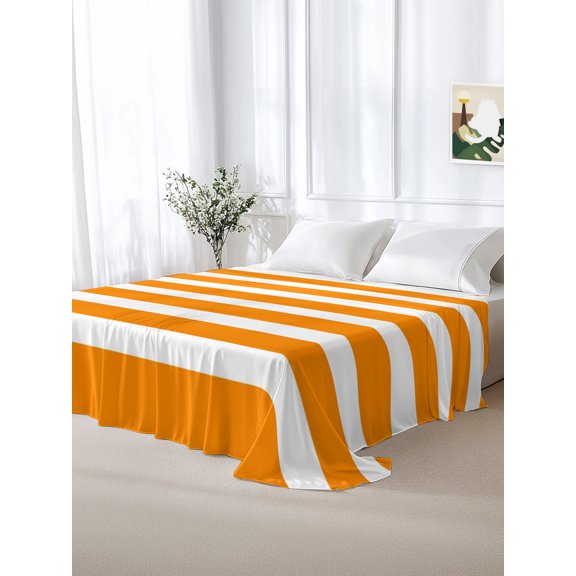 California King Size Flat Sheet Only,Orange Stripes Mid-Century Soft Top Bed Sheets Breathable Bedding Sheet Abstract Minimalist Art Microfiber Hotel Luxury Top Sheets