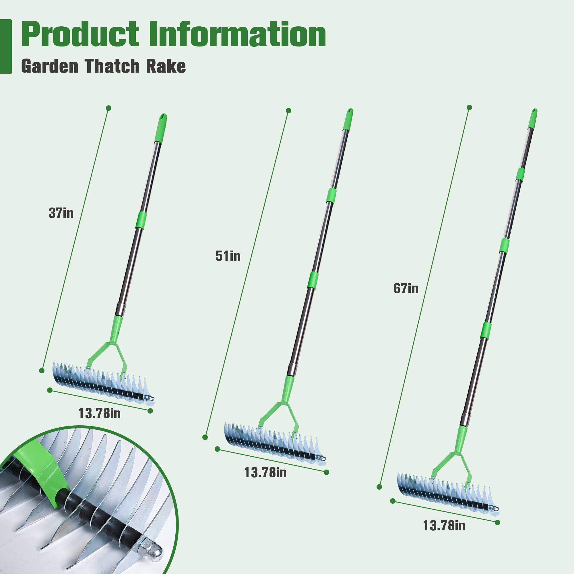 Flngr Thatch Rake for Lawn, 13.78 inch Dethatcher Rake for Grass to Cleaning Dead Grass, Metal Rake for Dethatching, Heavy Duty Thatching Rakes for Garden, Yard