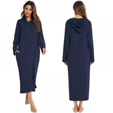 

[BRAND FACTORY PRICE!]Women Fashion Hooded Nightgown Long-sleeved Pajamas Long-sleeved Zipper Loose Casual Nightdress