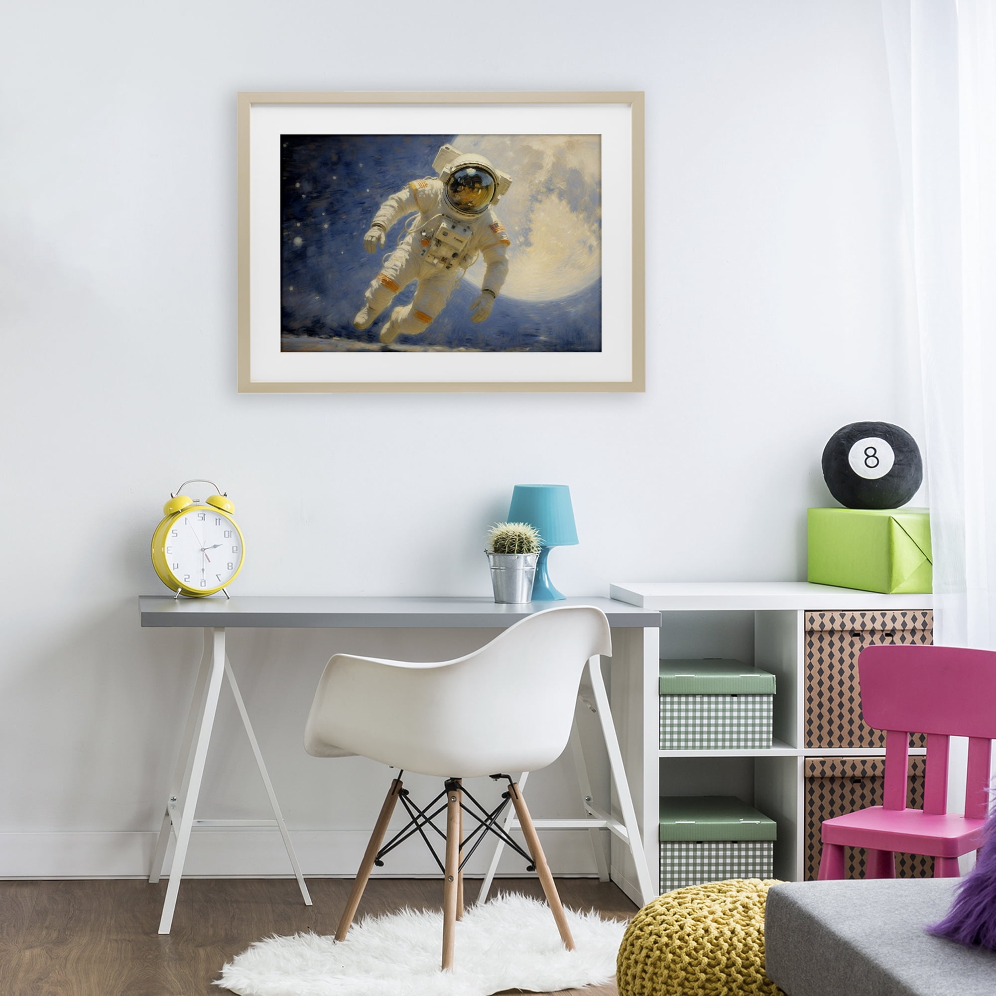 Astronaut in Vast Galaxy Birch Framed Print Under Glass, design by Angie Hawke