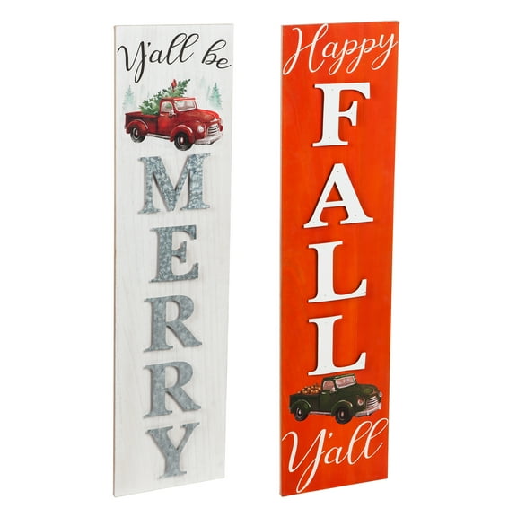 Evergreen Double Sided Christmas/Fall Farm Truck Porch Leaner, 11.8''x 1.4'' x 47.6'' inches