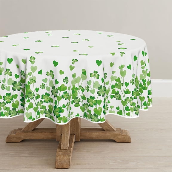 St. Patricks Day Tablecloth 60×60 Inch Round, Irish Little Shamrock White Washable Seasonal Table Cover for Party Picnic Dinner Decor