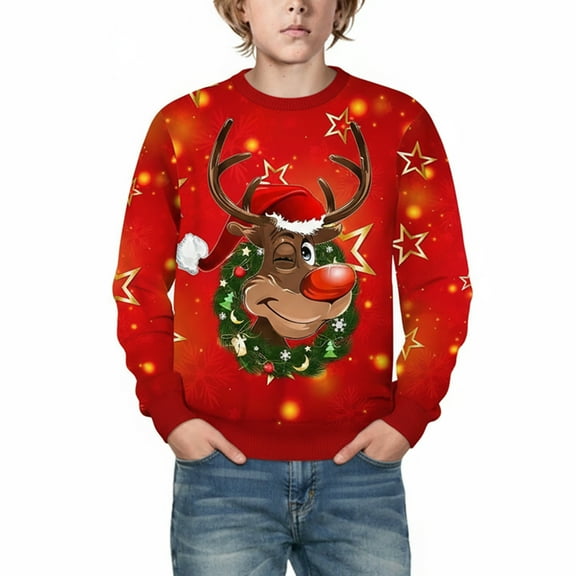 XEGLSBU Christmas Boys Hoodie Size 8-10 Little Boys Girls Christmas Reindeer Snowman Santa Pattern Lined Pullover Long Sleeve Crewneck Fall Winter Warm Sweatshirt Clothes for Teen Red Size 3-4 Years