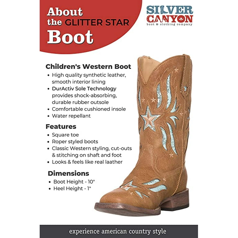 Children Western Kids Cowboy Boot | Star Glitter Toddler Tan Square Toe for Girls by Silver Canyon