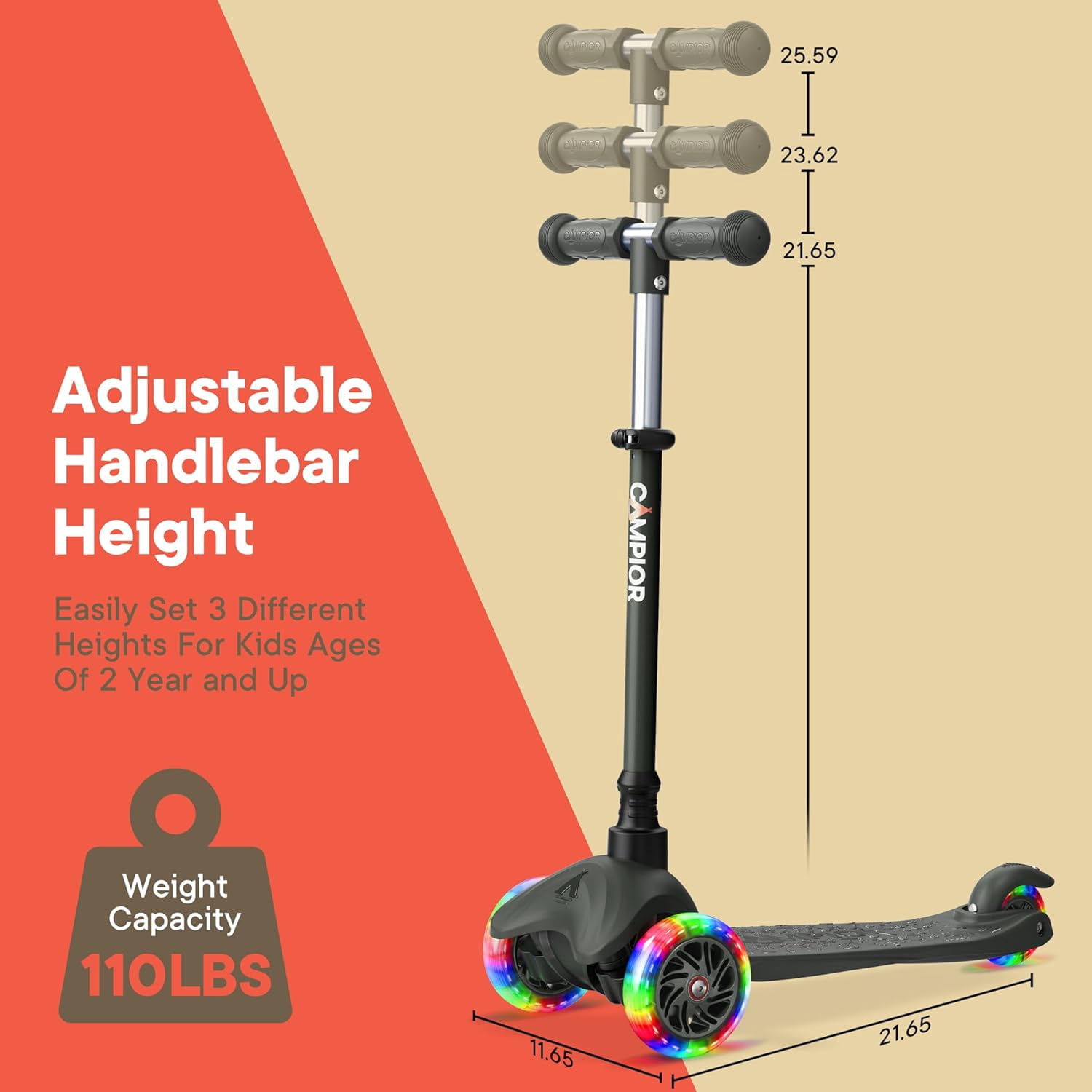 Black Mini 3 Wheel Scooter for Kids – Lean-to-Steer Kick Scooter with LED Light-Up Wheels, Adjustable Handlebar, Wide Anti-Slip Deck, Smooth PU Wheels, Rear Foot Brake – Suitable for Ages 2+
