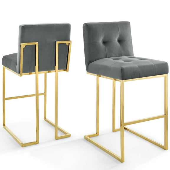 Bar Stool Chair Barstool, Set of 2, Velvet, Metal Steel, Gold Grey Gray, Modern Contemporary Urban Design, Bar Pub Cafe Bistro Hotel Restaurant Hospitality