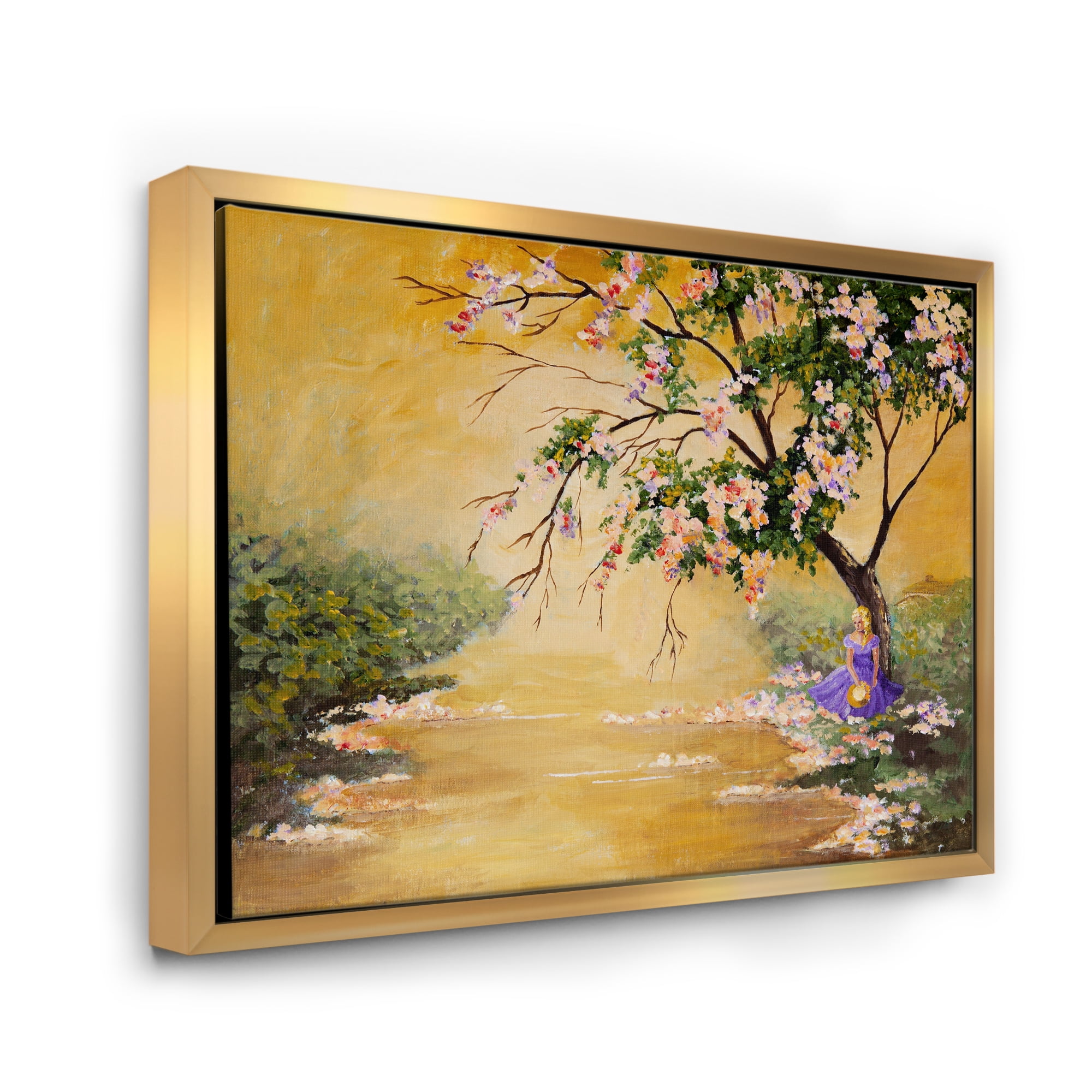 Beautiful Girl Standing By The Flowering Tree 32 in x 16 in Framed Painting Canvas Art Print, by Designart