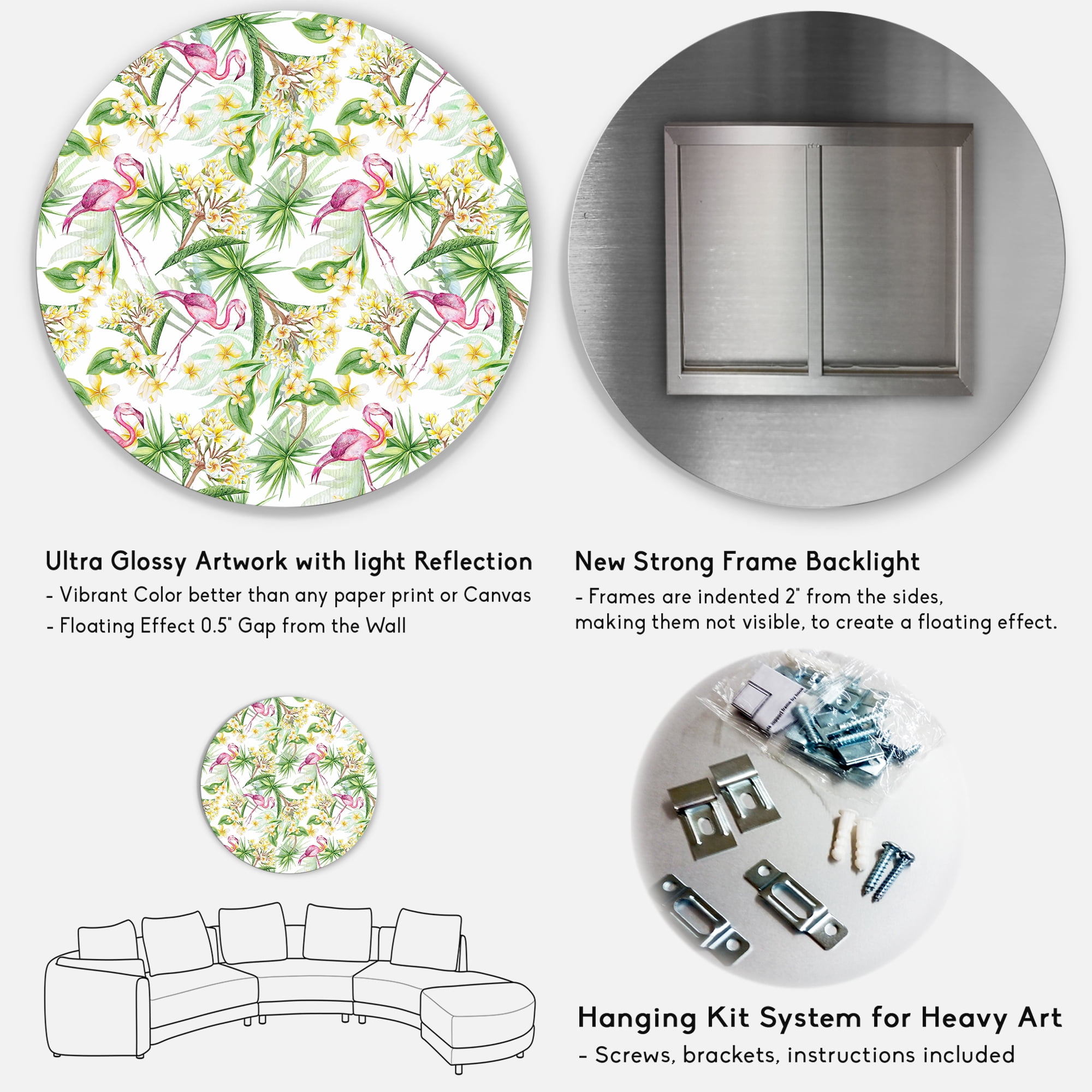Designart 'Yellow Flowers, Tropical Foliage With Flamingo IV' Modern Circle Metal Wall Art 36x36 - Disc of 36