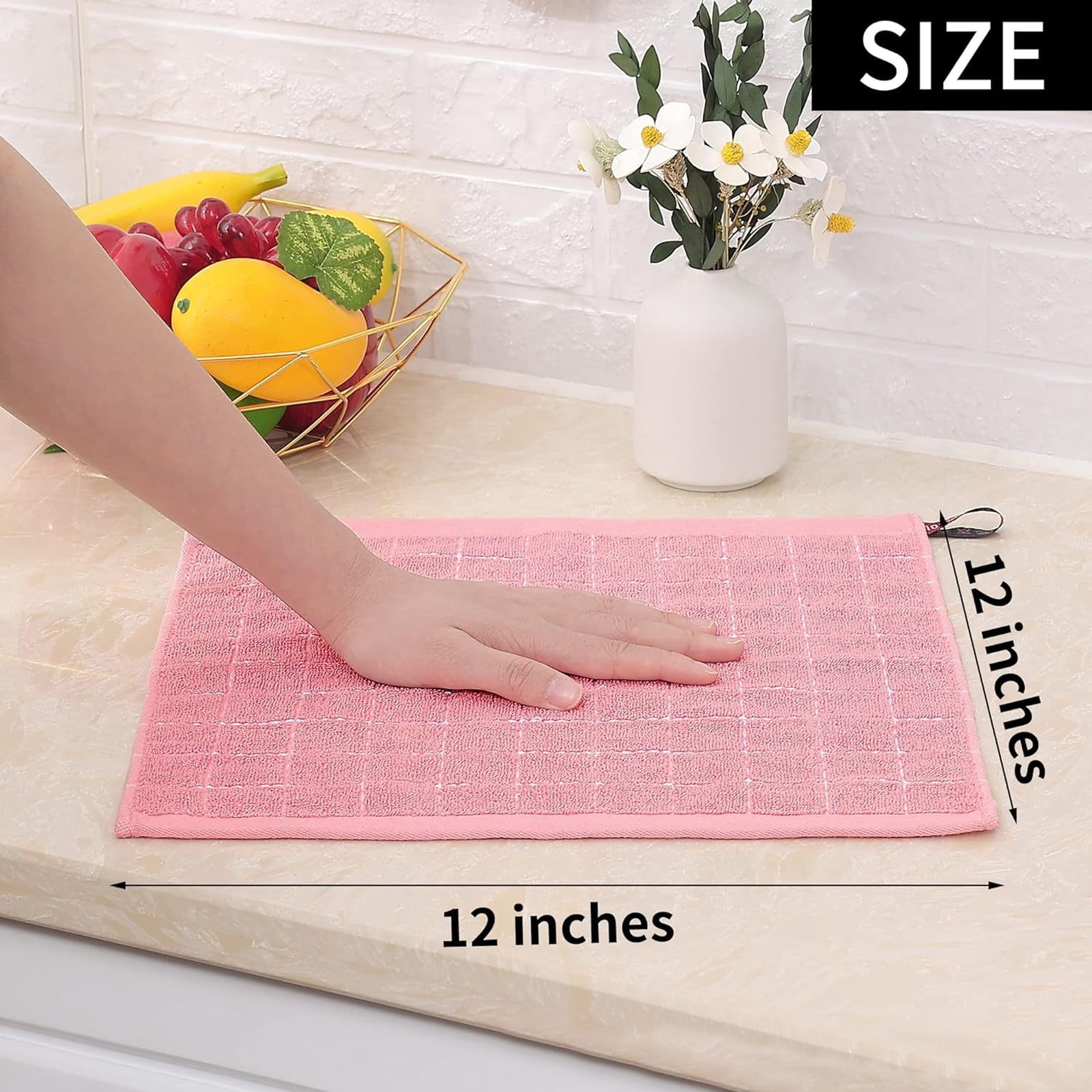 Cotton Terry Kitchen Towels(12*12inches), Checkered Designed, Soft and Super Absorbent Dish Towels, 4 Pack - Light pink