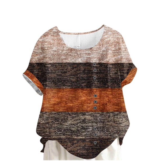 Camisetas de Manga Corta para las Mujeres Casual Cuello Redondo Cómodo de Lino Camiseta Botón Blusa Top Verano Manga Corta para las Mujeres
