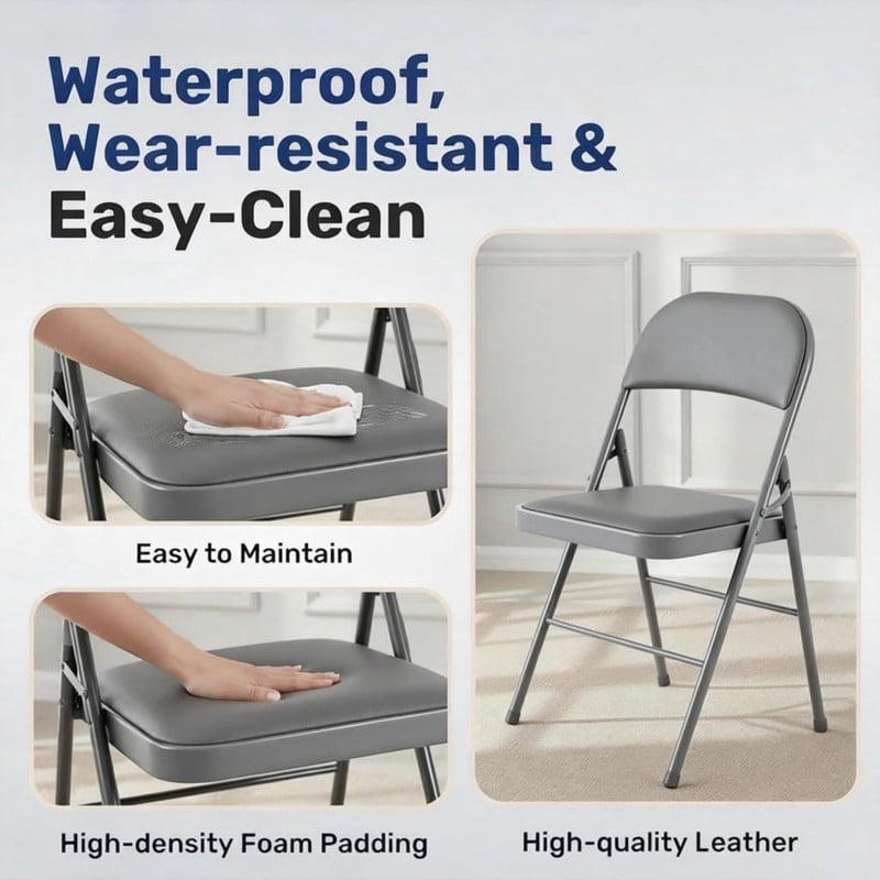 Kelno 4 Pack Folding Chair Leather Padded Seat Portable Chair, Grey