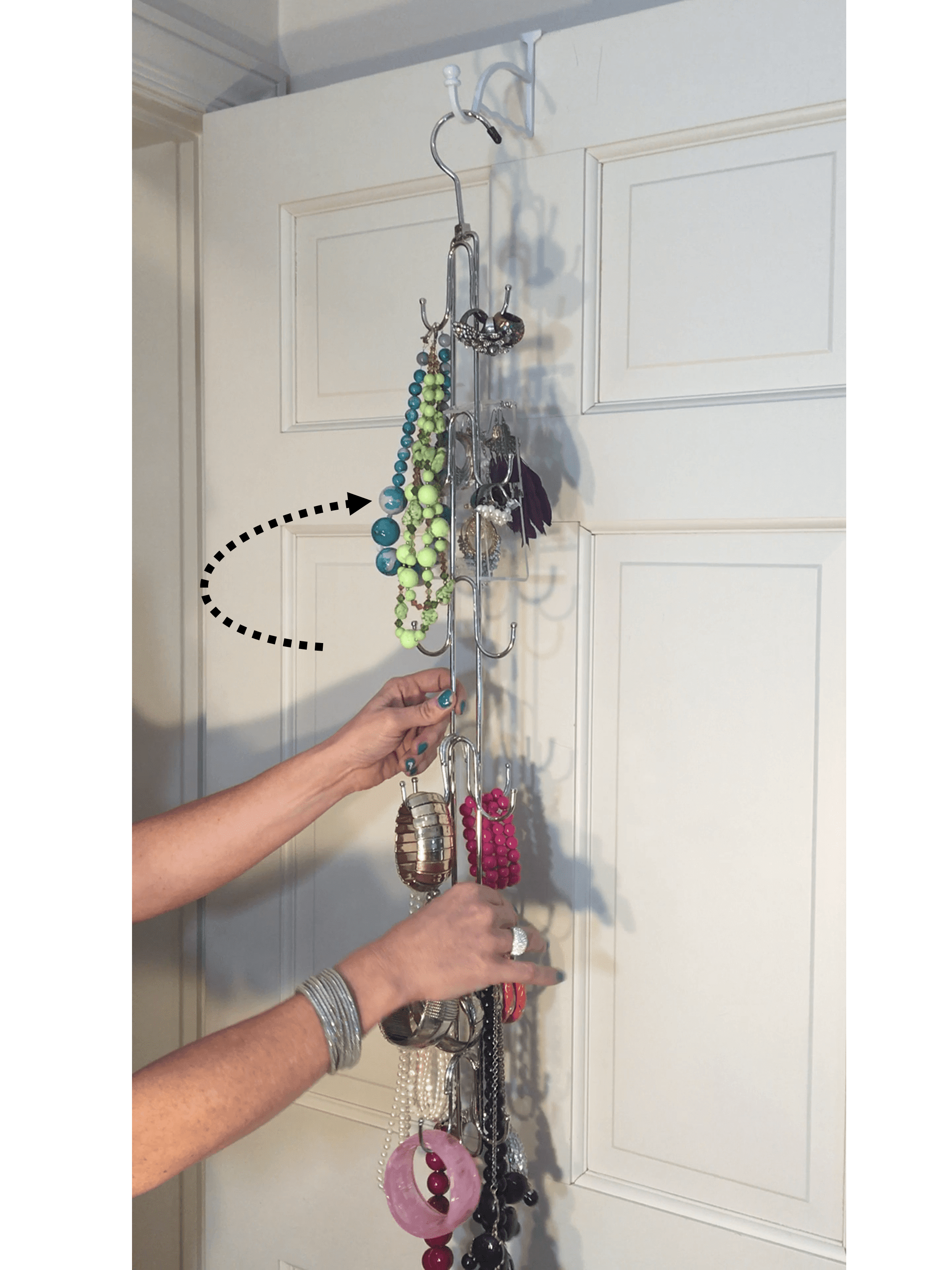 HANGING JEWELRY Organizer- Over Door Jewelry Storage; 360 ROTATING HOLDS OVER 100 PIECES; Necklaces, Bracelets, Statement Pieces, Earrings, Pearls, Rings; 12 Hooks, Chrome