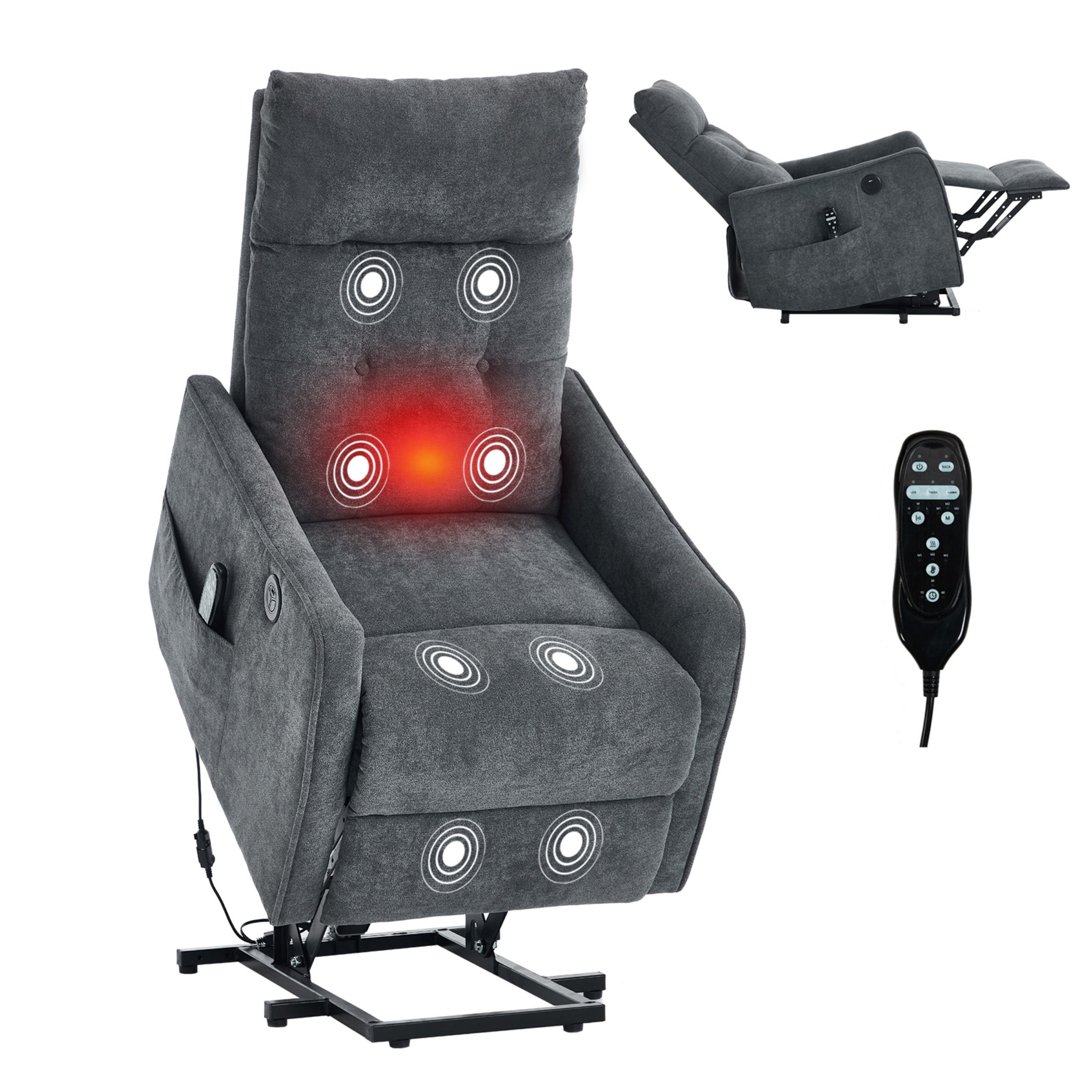 Aukfa Power Lift Recliner Chair with Massage and Heat for Elderly, Electric Chair with USB Port & Side Pocket for Living Room, Dark Gray