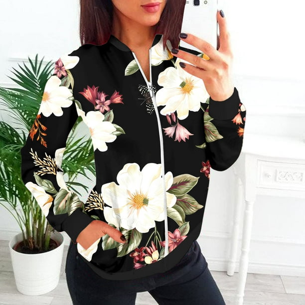 nsendm Womens Outerwear Adult Female Clothes Hooded Jacket for Women Womens  Casual Daily Jackets Lightweight Zip Up Casual Jacket Floral Print Women