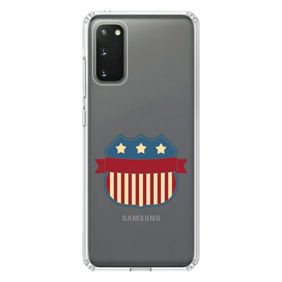 DistinctInk Clear Shockproof Hybrid Case for Galaxy S20 / S20 5G (6.2" Screen) - TPU Bumper Acrylic Back Tempered Glass Screen Protector - USA Badge Flag Red White & Blue