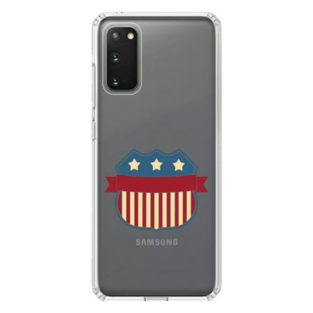 DistinctInk Clear Shockproof Hybrid Case for Galaxy S20 ULTRA / 5G (6.9" Screen) - TPU Bumper Acrylic Back Tempered Glass Screen Protector - USA Badge Flag Red White & Blue