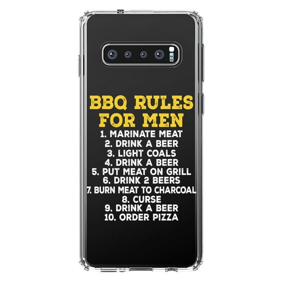 DistinctInk Clear Shockproof Hybrid Case for Samsung Galaxy S10  PLUS (6.4" Screen) - TPU Bumper Acrylic Back Tempered Glass Screen Protector - BBQ Rules for Men