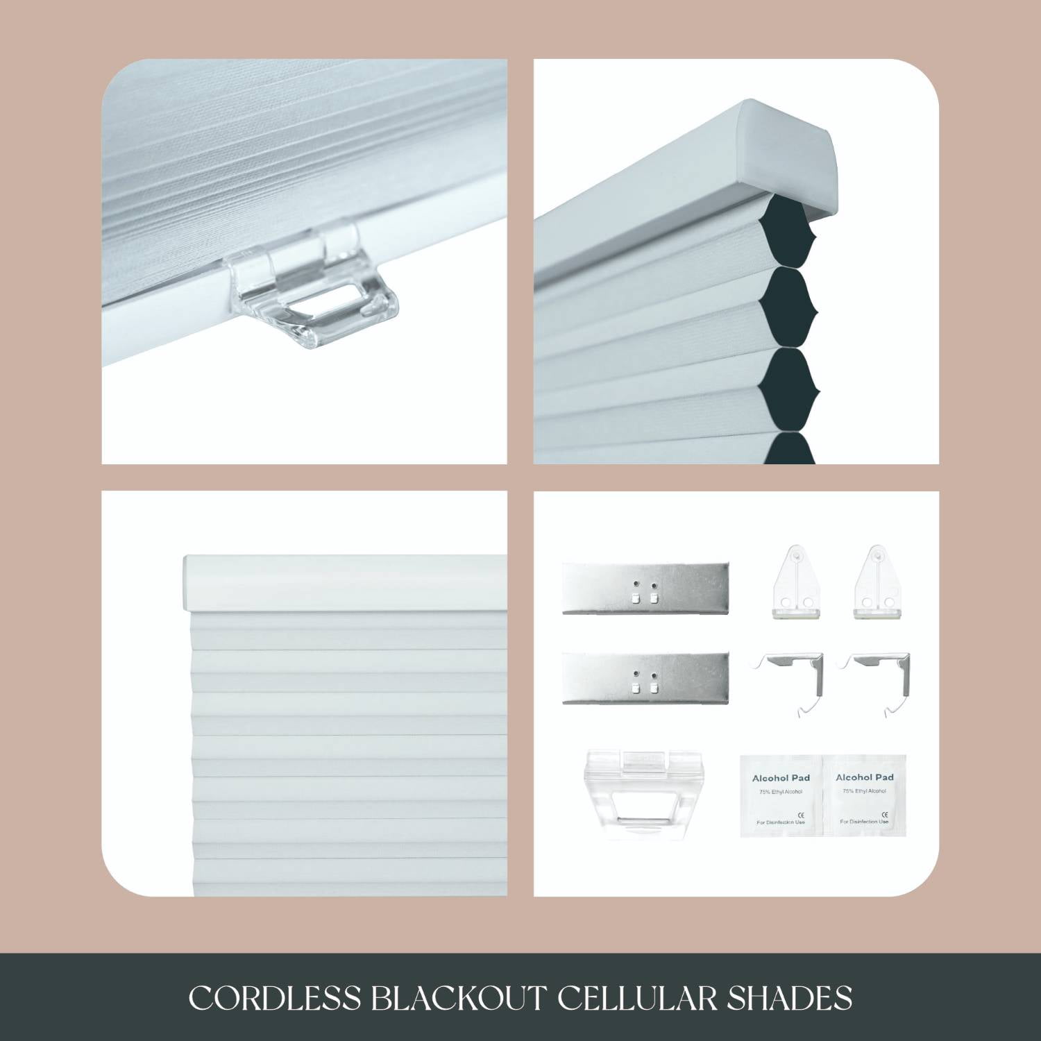 REGAL estate QuickInsta PeelMount No Drill No Tool Cordless 1.5" Blackout Cellular Shades, 38.5"W x 72"H, White