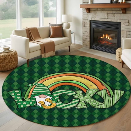 Round Rugs 8 Ft St Patrick s Day Non Slip Area Rugs for Kitchen Bedroom Entryway Luck Rainbow Green Gnomes Retro Plaid Washable Carpet Runner Rug Floor Mats for Bedroom Home Decor