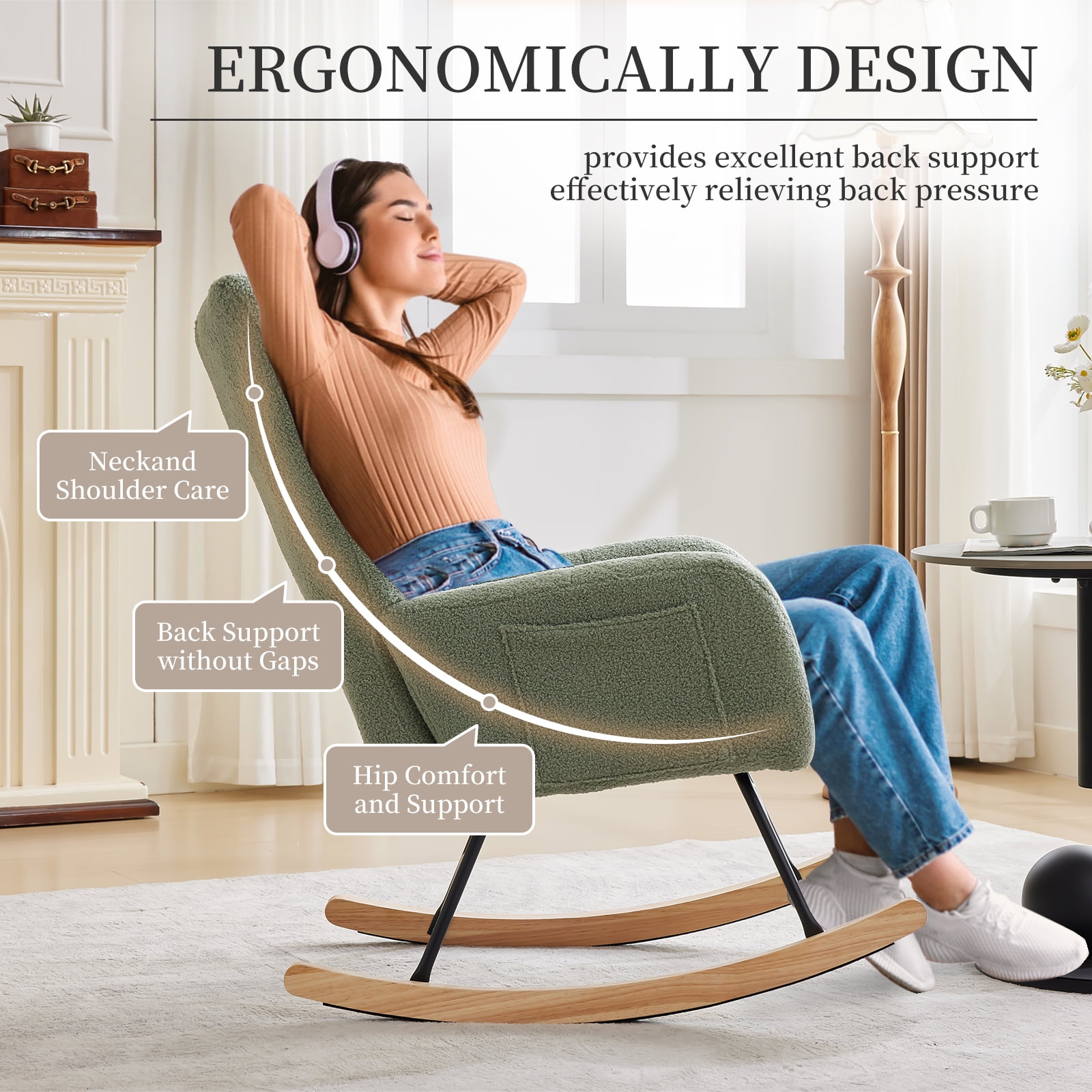 Garvee Modern Plush Rocking Chair, Teddy Upholstered Glider Accent Armchair with High Backrest for Nursery, Bedroom & Living Room, Green