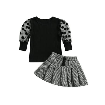 

Canrulo Little Girls 2pcs Clothes Mesh Lace Polka Dot Long Puff Sleeve Knit Tops+Plaid Pleated Skirts Sets Black Gray 4-5 Years