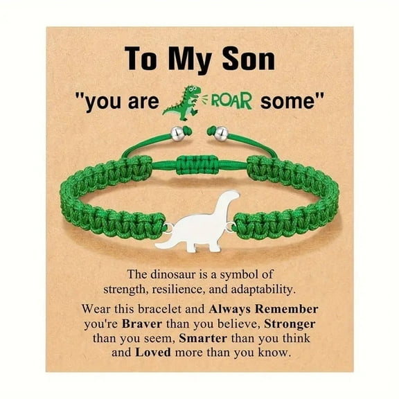 Adjustable Dinosaur Beaded Bracelet - With 'You're Braver' Inspirational Text, Boy's Birthday/Christmas Gift Preferred, Best Choice for Son/Grandson/Nephew/Brother
