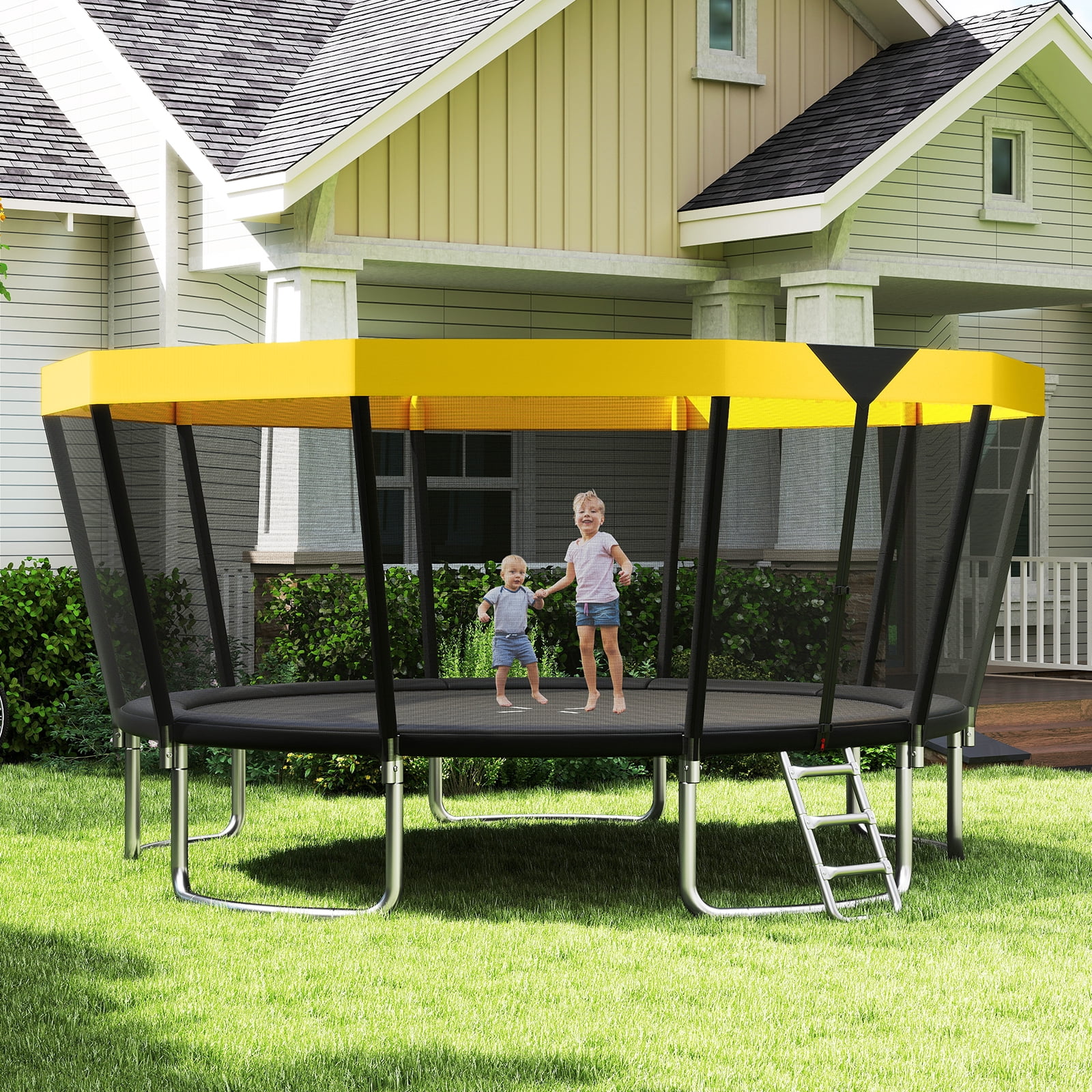 Gymax 15 FT Outdoor Trampoline w/Non-Slip Ladder Enclosure Net & Anti-Rust Coating Yellow & Black