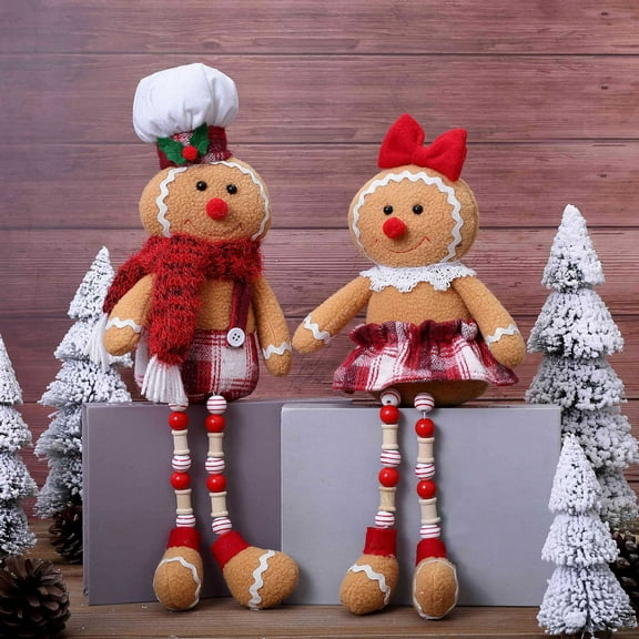 Dserhfy Christmas Doll Large Size Plush Gingerbread Man Boy Girl Figures with Chef Hat Bowknot Ornament Window Holiday Xmas Decoration