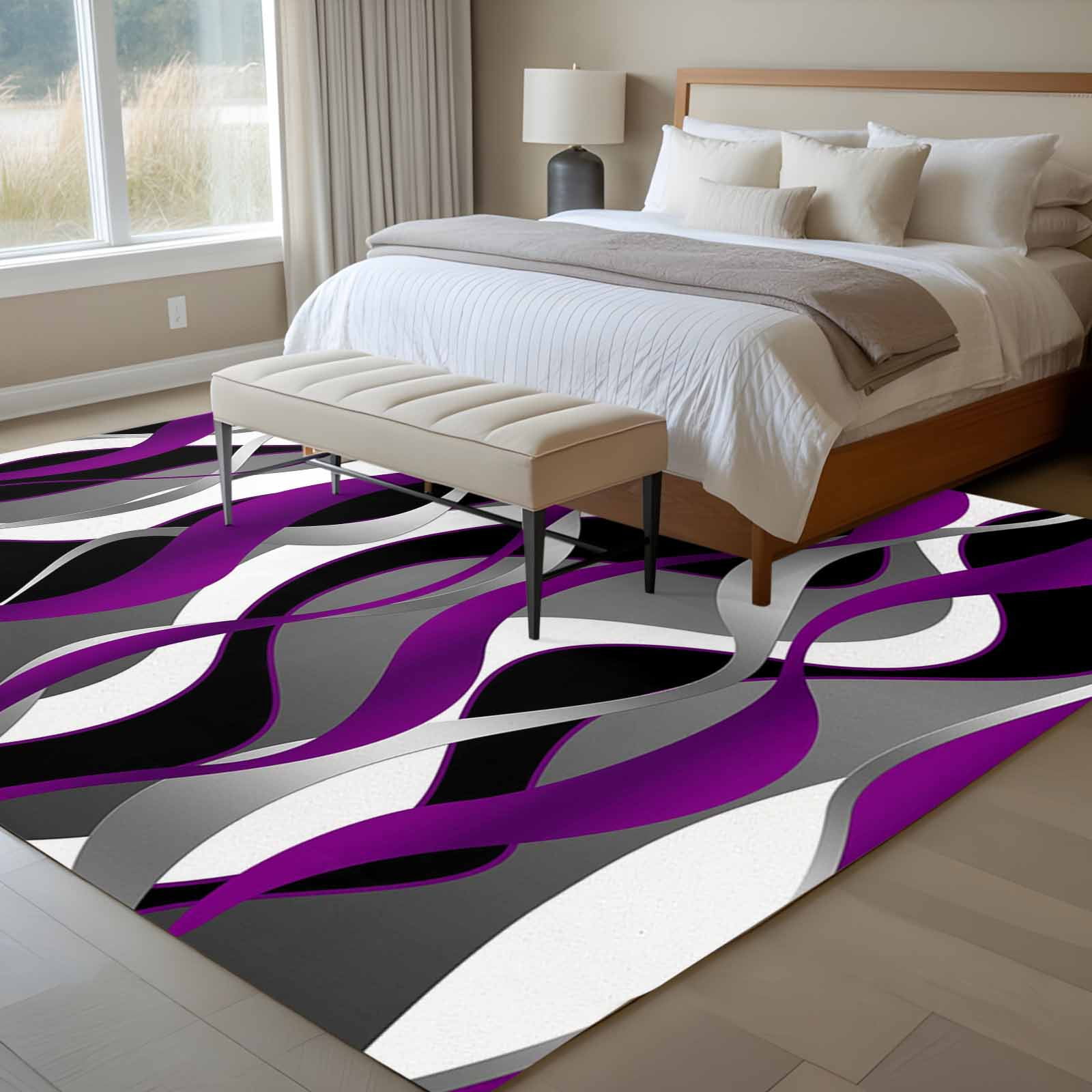 Modern Geometric Area Rugs 6'x9', Washable Small Throw Rugs for Kitchen Dining room, Abstract Minimalist Lines Purple Black Indoor Outdoor Rug Non-Slip Low Pile Carpet Runner Reversible Floor Mats