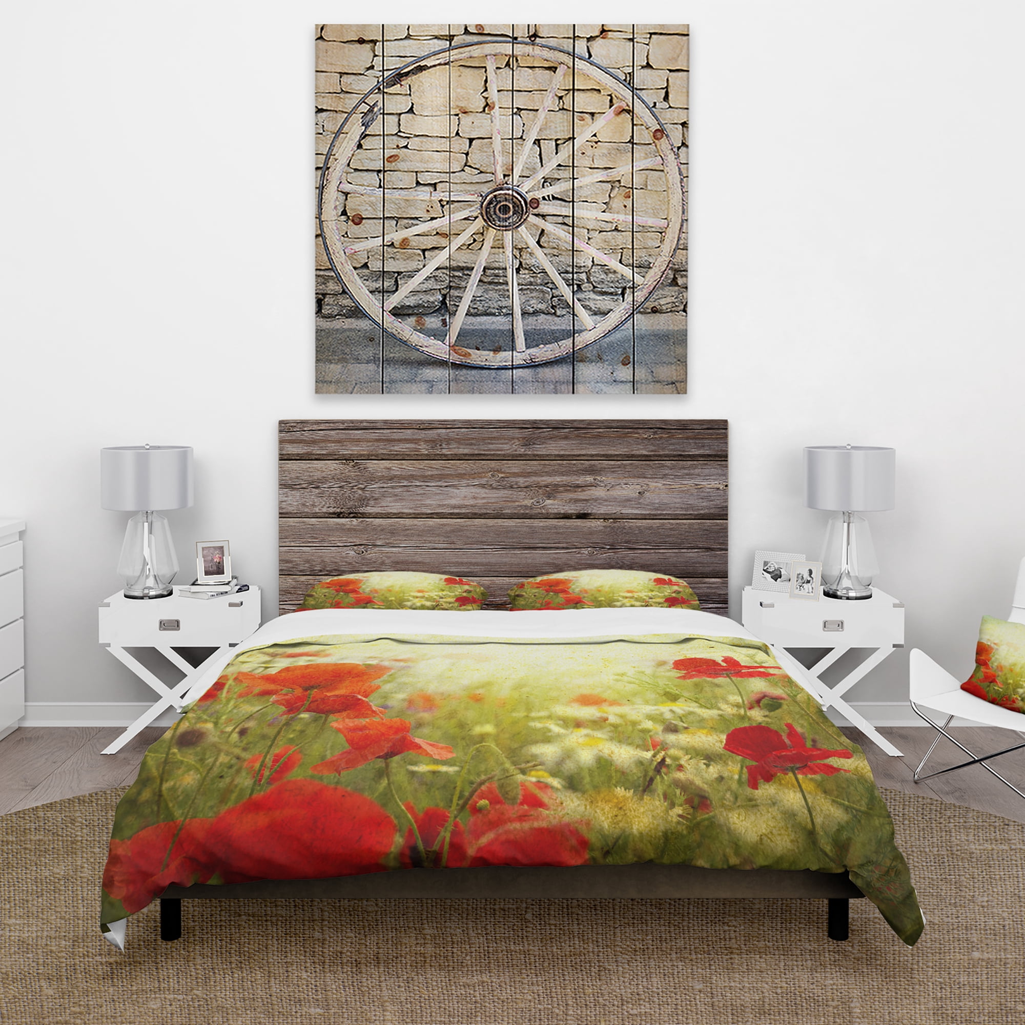 Designart 'Grunge Background with Red Poppies' Country Duvet Cover Set