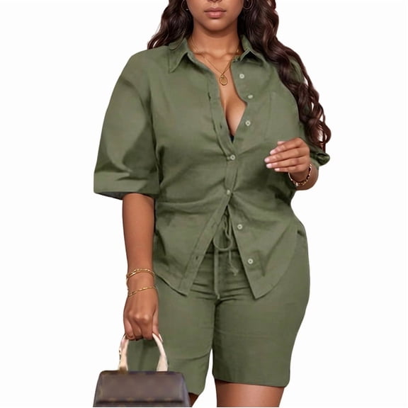 Jaimenalin Women'S 2 Piece Outfit with Button Down Blouse and High Waisted Shorts Set Green S