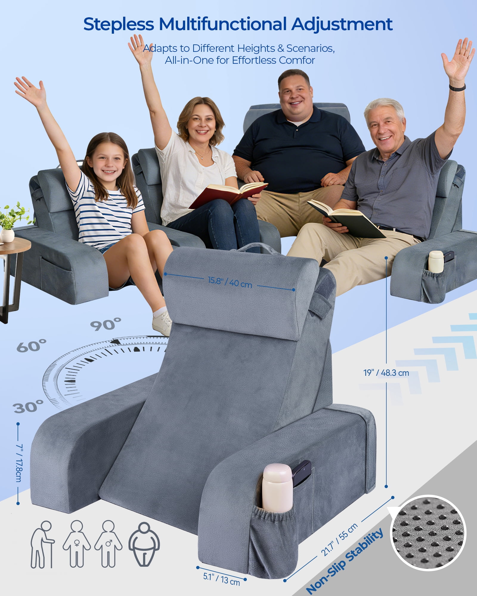 Kayfia Reading Pillow with 30-90°  Adjustable Angle & Height, 2 in 1 Back Wedge Pillow for Bed Sitting up with Detachable Arms Rest, Backrest Pillow for Reading/Gaming/Working in Bed or Couch, Medium