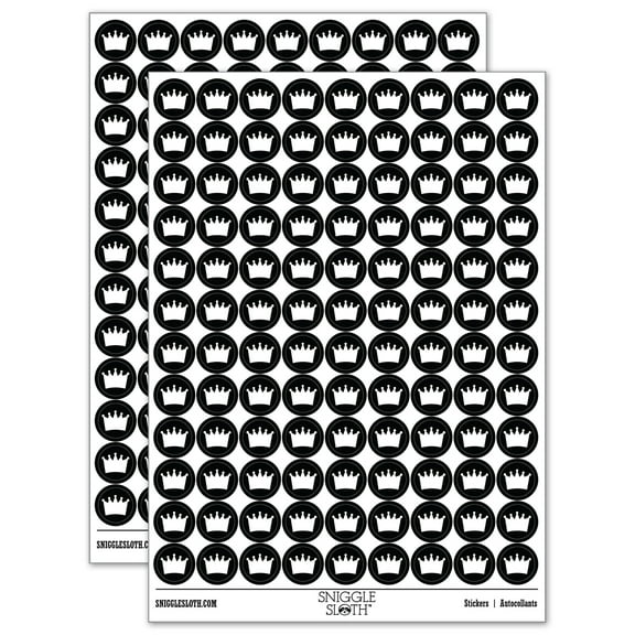 Crown King Queen Princess 200  Round Stickers - Black - Gloss Finish - 0.50" Size