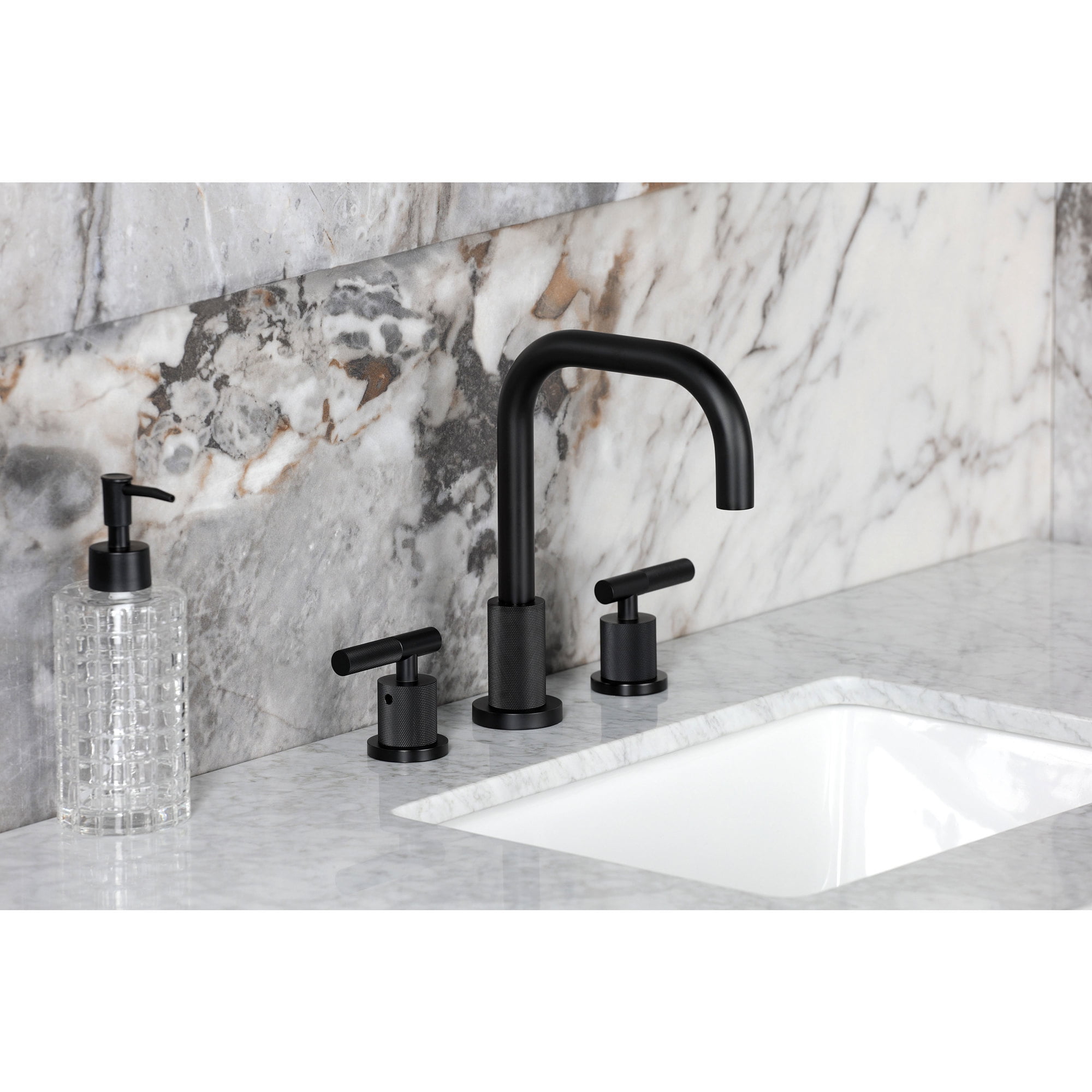 Kingston Brass FSC8930KNL Convergent Two-Handle 3-Hole Deck Mount Widespread Bathroom Faucet with Knurled Handle and Brass Pop-Up in Matte Black