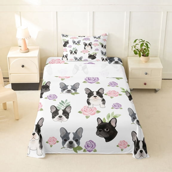Homewish Cartoon French Bulldog Twin Sheets,Pink Purple Roses Bedding,White,3 Pieces,1 Fitted Sheet and 1 Pillowcase