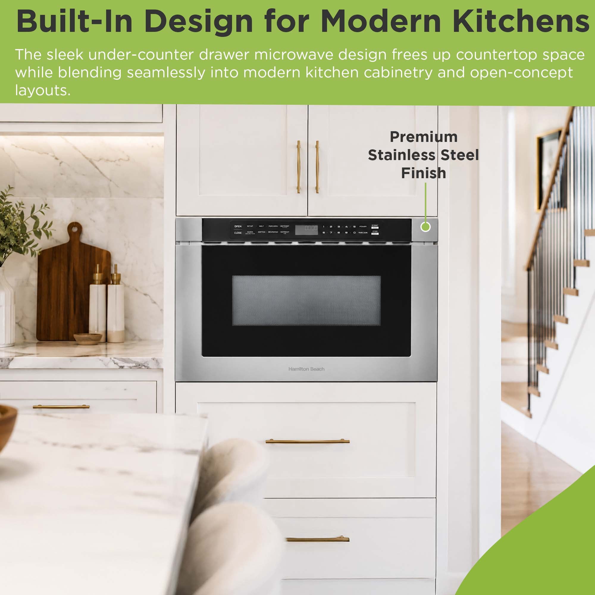 Hamilton Beach 24" 1.2 Cu. ft. Built-in Microwave Oven, 1000 Watts Electric Drawer Oven with Touchscreen Control, Stainless Steel