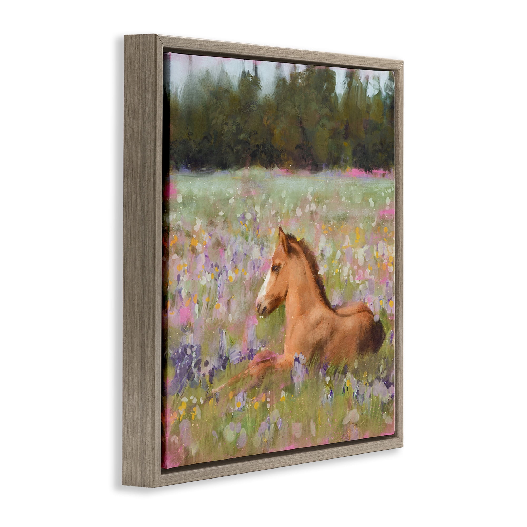 Stupell Industries Foal Horse Lounging Flower Meadow Animals & Insects Painting Brown Floater Framed Canvas Art Print Wall Art, 18 x 18