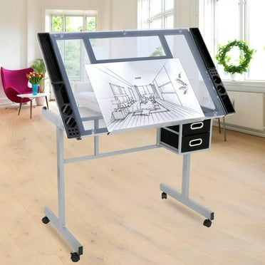 Height Adjustable Drawing Desk Glass Top Rolling Drafting Table Art Craft Draft Station Home Office Workstation w/Drawers and Wheels