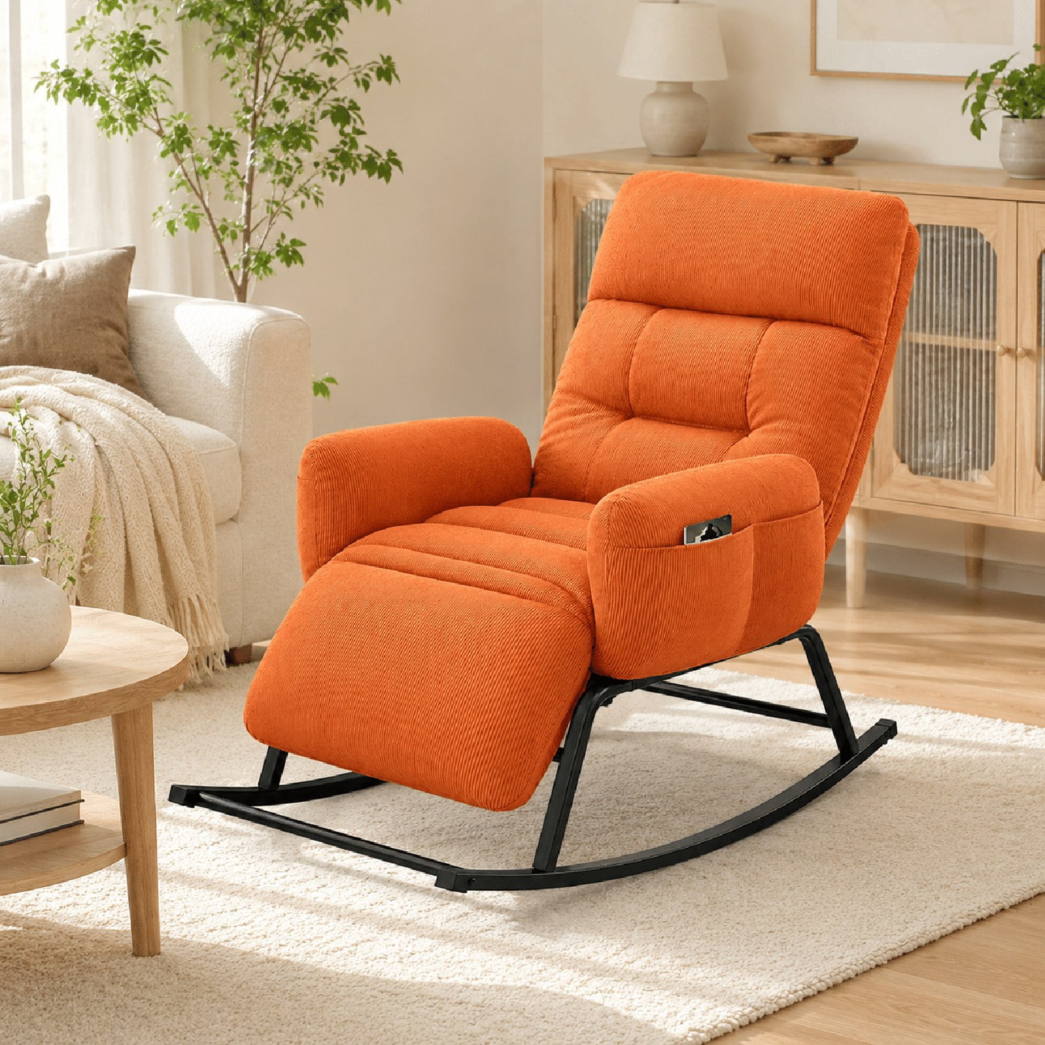 Modern Rocking Chair with Retractable Footrest, Upholstered Lounge Chair with Side Pocket, Soft Plush Fabric, for Living Room, Bedroom, Study, and Patio