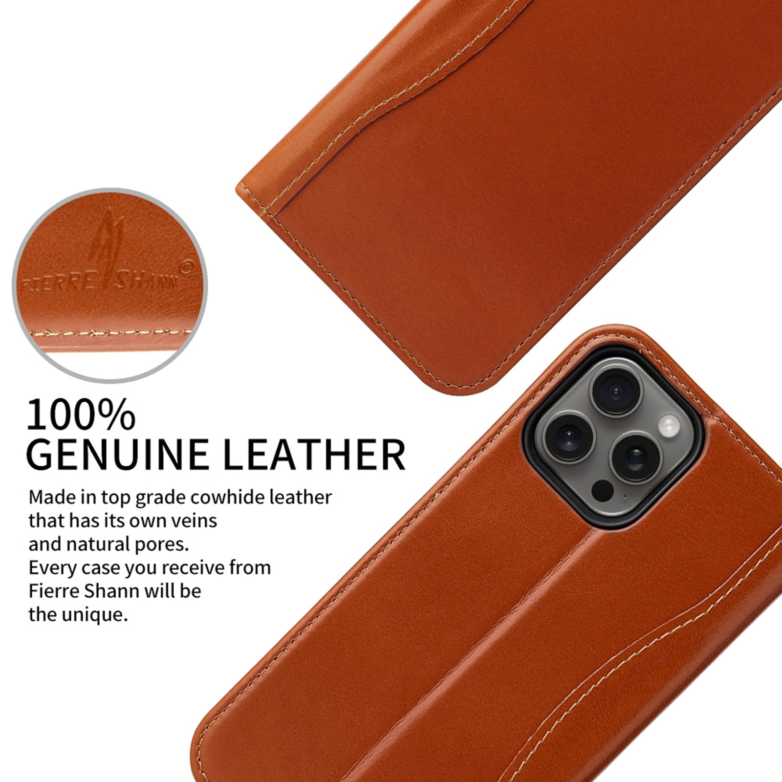 ShellTech for iPhone 16 Pro Leather Wallet Case,Luxury Genuine Vintage Leather [Slim and Durable] with Card Slot & Kickstand [Magnetic Closure] Flip Folio Case,Brown