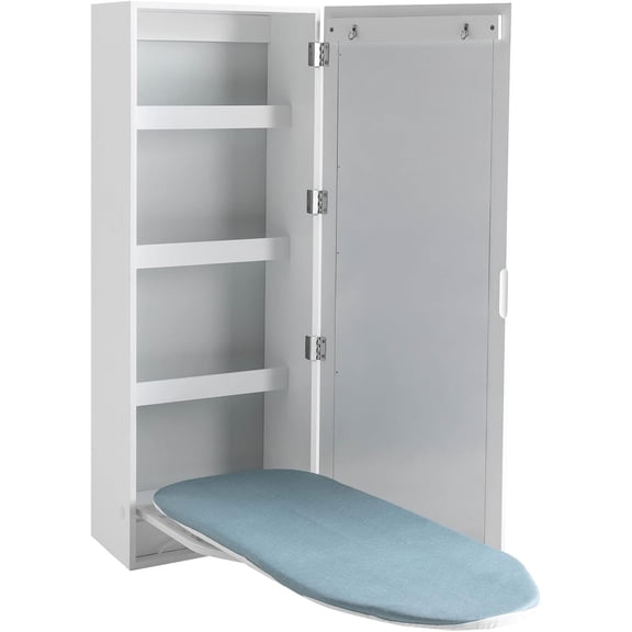 Folding Ironing Board Wall Mounted Ironing Board Cabinet, Built-in Ironing Board Ironing Board Holder Wall Mount with 4 Storage Shelves and 2 Hanging Hooks